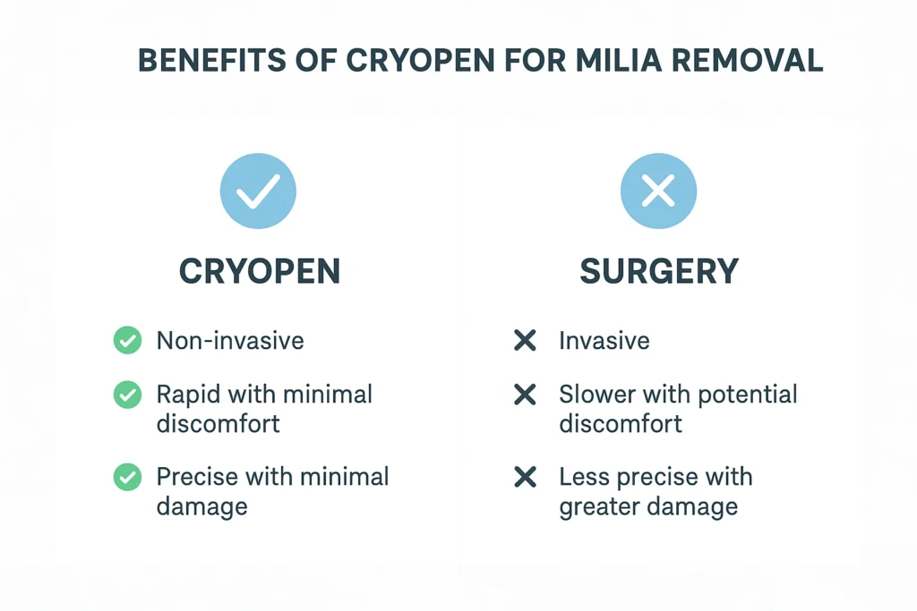 Benefits of cryopen for milia removal Eaton compared to surgical treatments.
