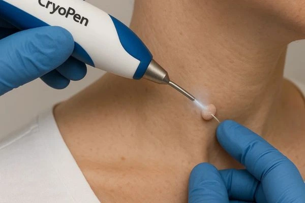 Person receiving cryotherapy Eaton for skin tag removal