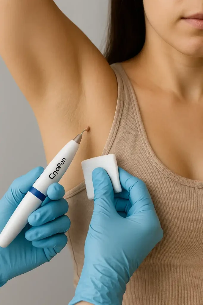woman having cryopen to remove underarm skin tags Eaton