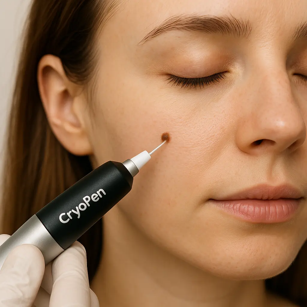 woman receiving facial mole removal Eaton using cryopen