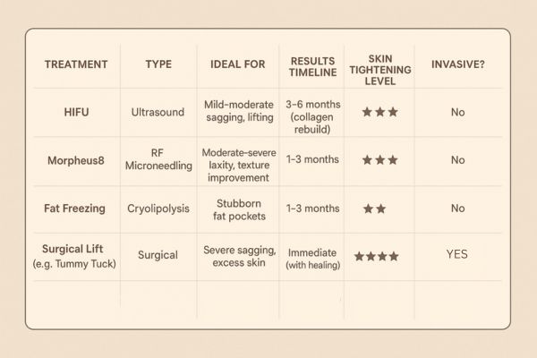 Table showing the comparisons of Skin tightening Eaton treatment options.